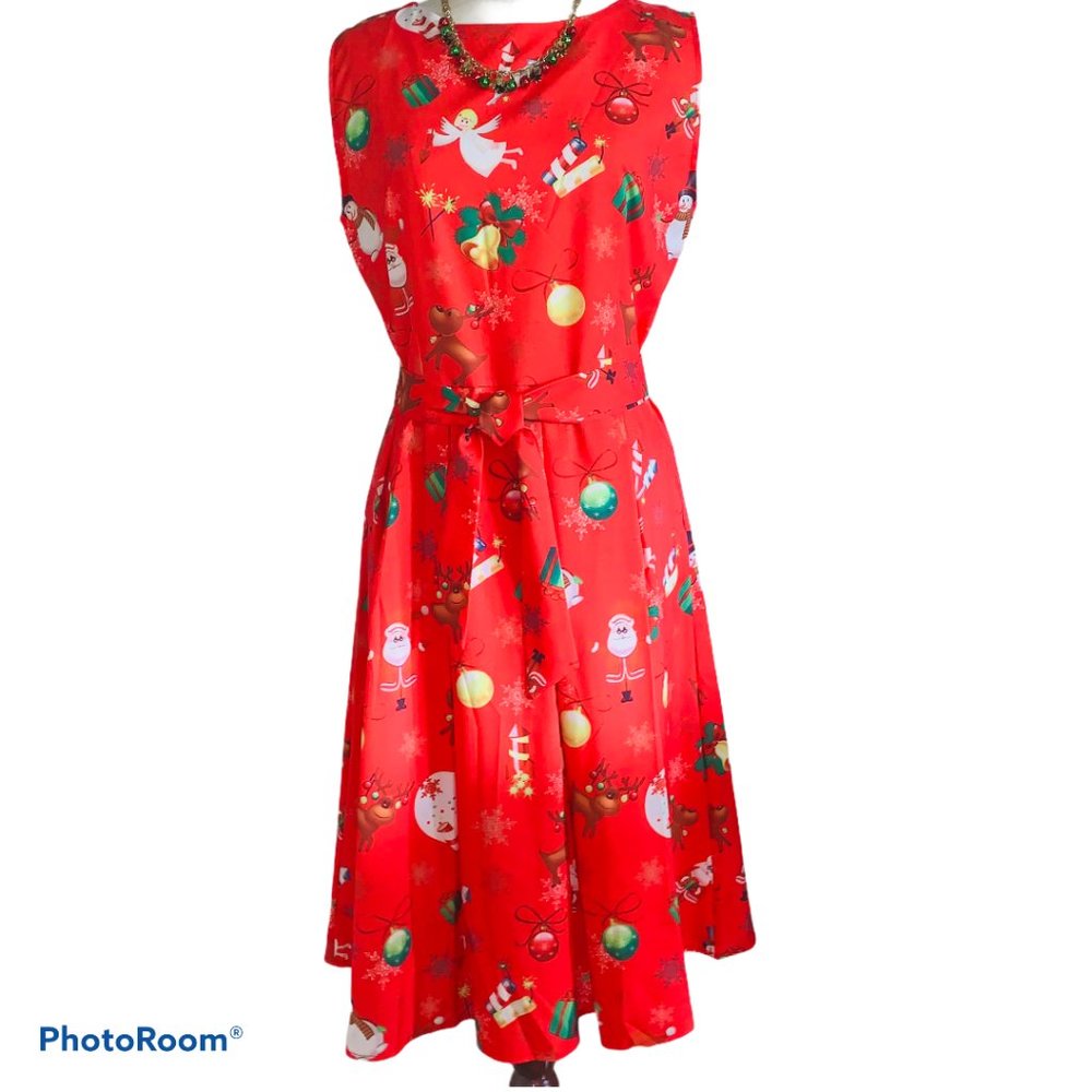Cute Retro Style Holiday Christmas Dress Red Reindeer Santa Angels Size Med NWOT